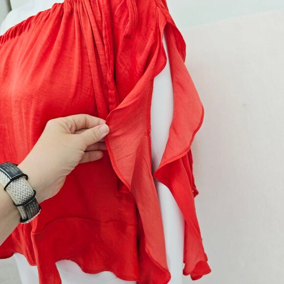 Free People Off-Shoulder Drawstring Flutter Top Coral XS - Picture 4 of 8